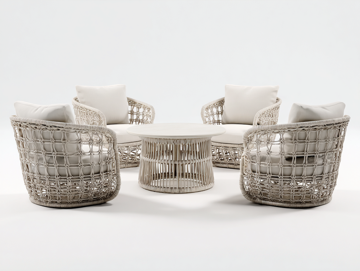 Sessel- und Beistelltisch-Set Rattan - Sessel 78x78x80 cm - Weiß - für Terrasse - elegantes Outdoor-Set-Sereneive