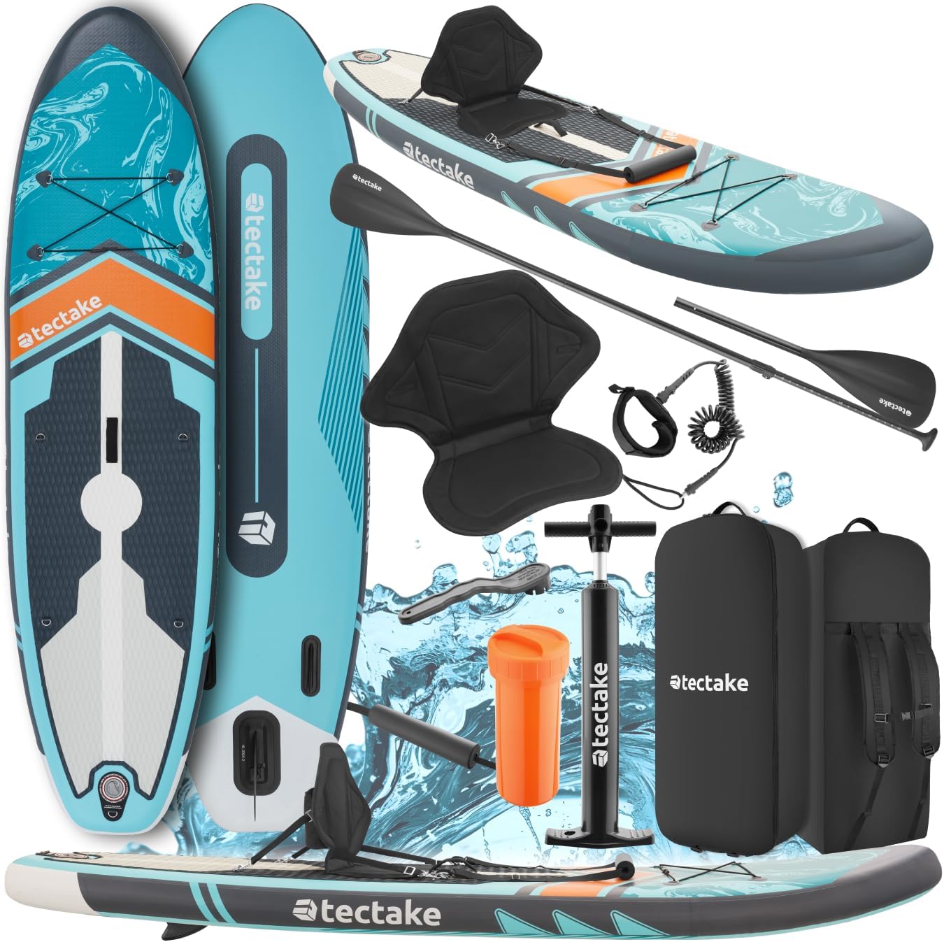 tectake Stand Up Paddle Board, SUP aufblasbar, Standup, SUB mit Pumpe, Kajak Boot Sitz, Finnen, Rucksack, Doppelpaddel, Paddel, für Wassersport und Paddling, bis 200 kg belastbar-Roomoli