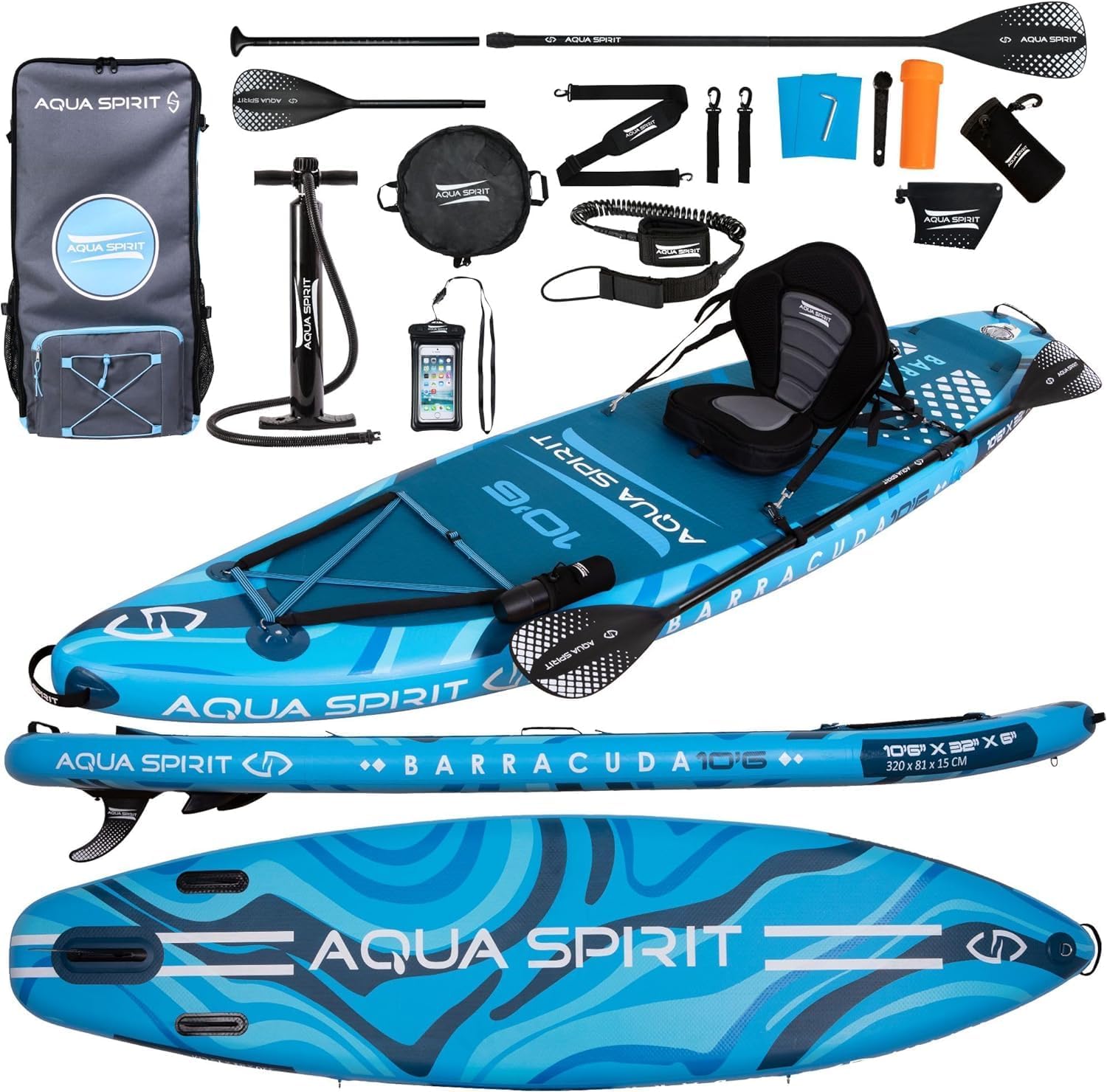 Aqua Spirit SUP Board Aufblasbares Stand Up Paddle Board 2025 - 320x81x15cm 457x91x15cm - Kompletter Satz mit Paddel, Rucksack, Pumpe und weiterem Zubehör-Roomoli