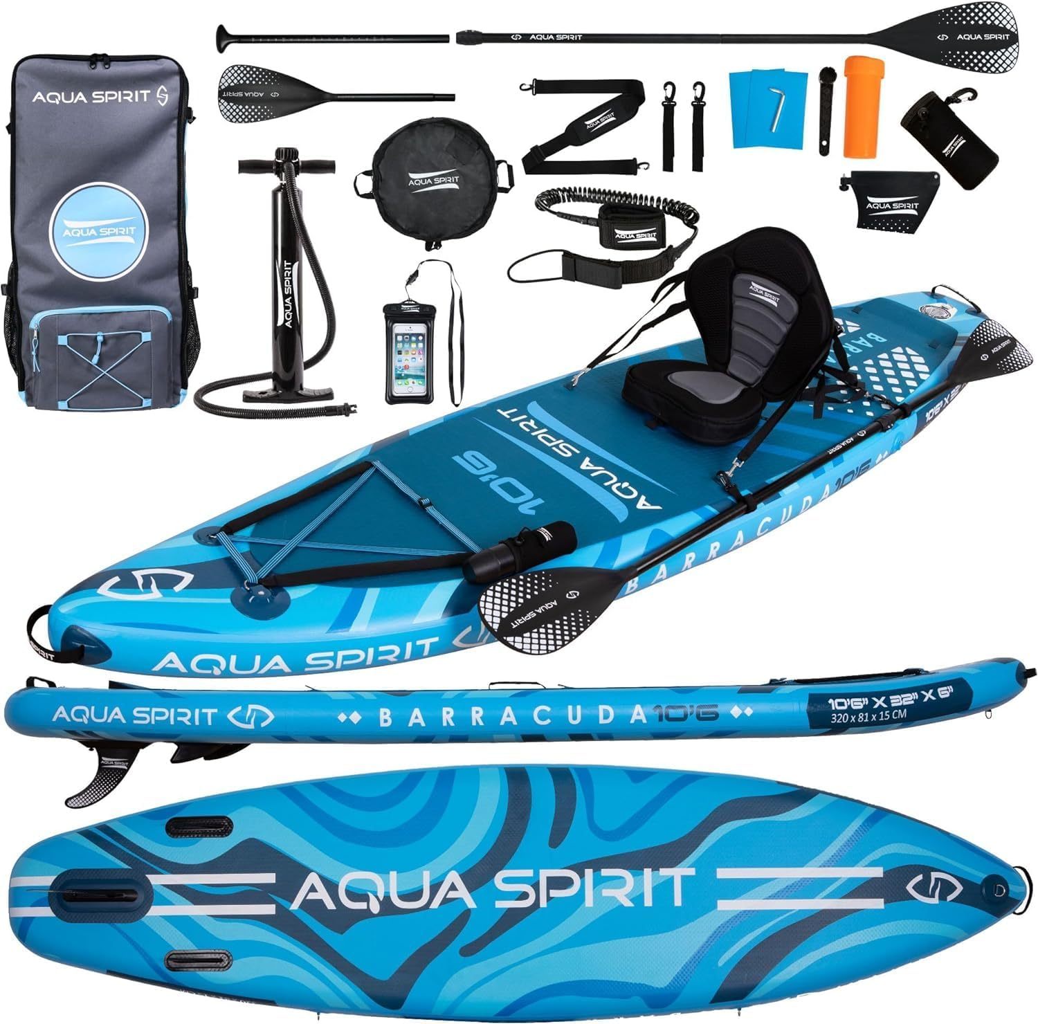 Aqua Spirit SUP Board Aufblasbares Stand Up Paddle Board 2025 - 320x81x15cm 457x91x15cm - Kompletter Satz mit Paddel, Rucksack, Pumpe und weiterem Zubehör-Roomoli