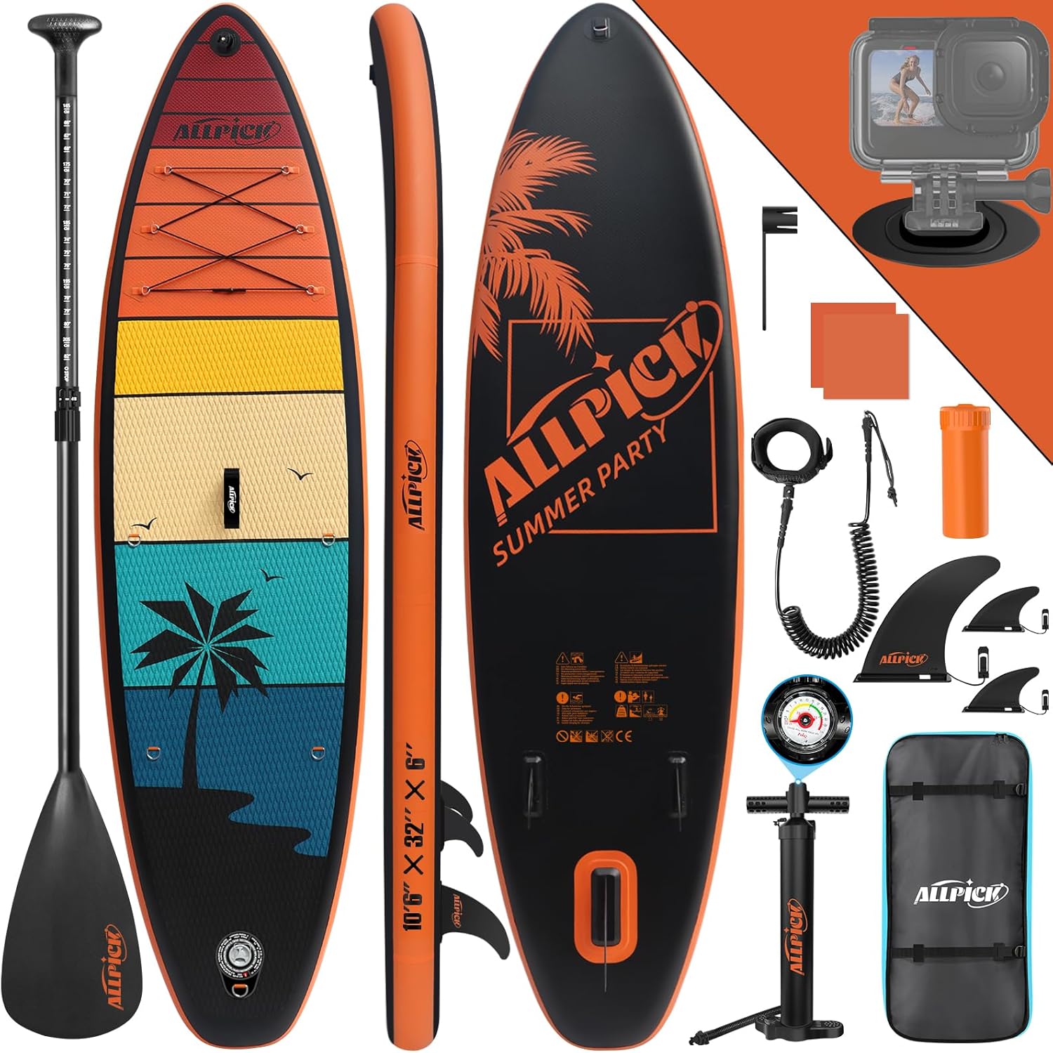 ALLPICK Premium SUP Board Set, Stand Up Paddling Board Aufblasbar, Mit Universal Kamerahalterung, Komplettes Zubehör, Verstellbares Paddel, Anfänger, Fortgeschrittene, 200kg-Roomoli
