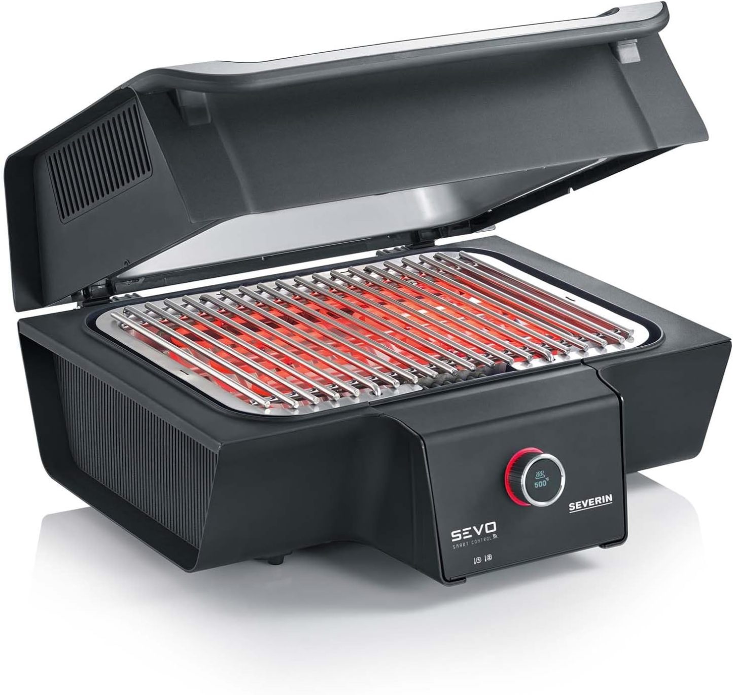 SEVERIN SEVO SMART CONTROL GT Elektrogrill mit App - Steuerung und Deckel, elektrischer Tischgrill, in 10 min bis 500 GradC, OLED - Display, für innen und außen, 3.000 W, Edelstahl Schwarz, PG 8138-Roomoli