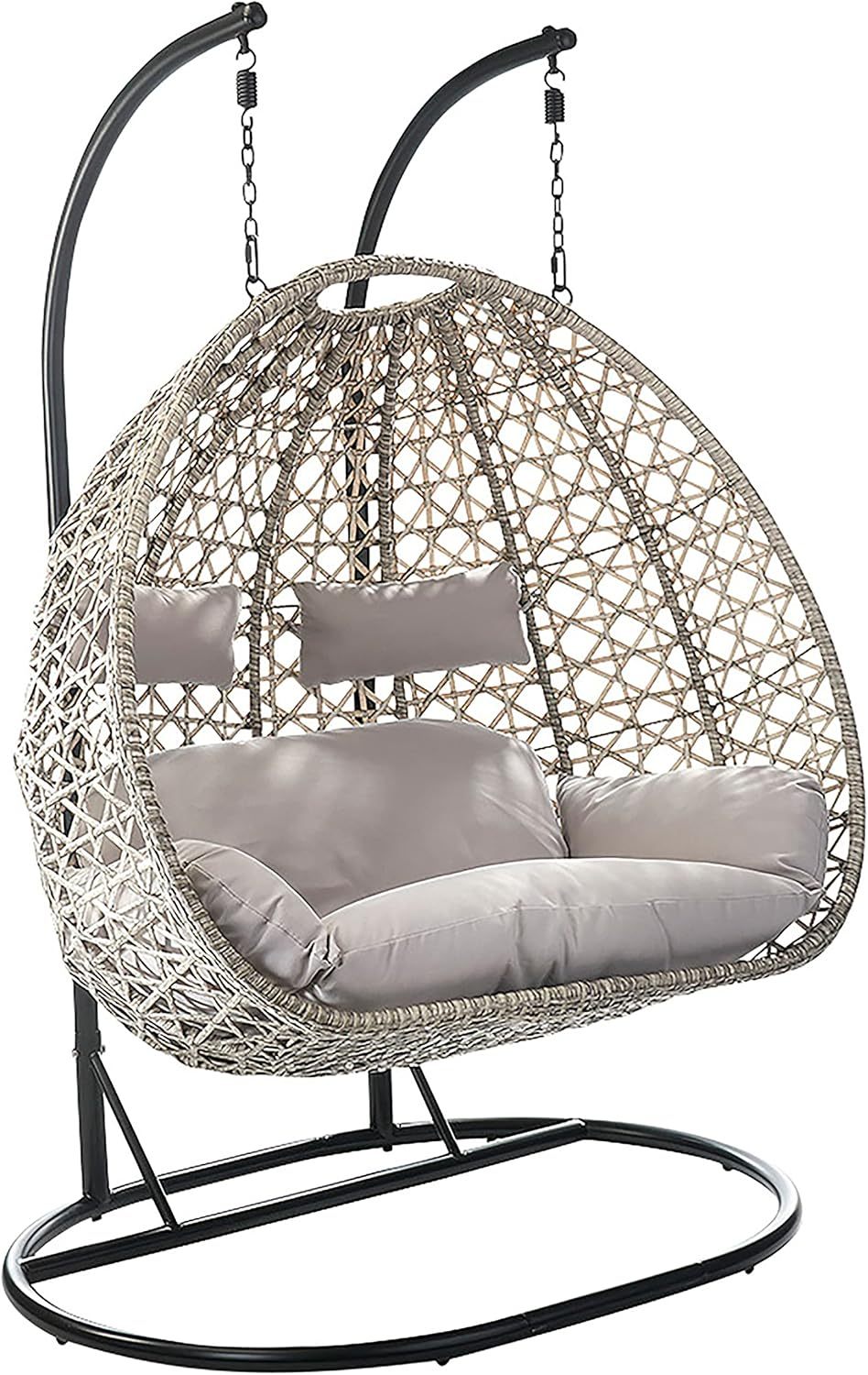 Kobolo Hängekorb Hängesessel Polyrattan für Zwei Personen inkl Gestell und Kissen Beige Innenbereich geschützter Außenbereich-Roomoli