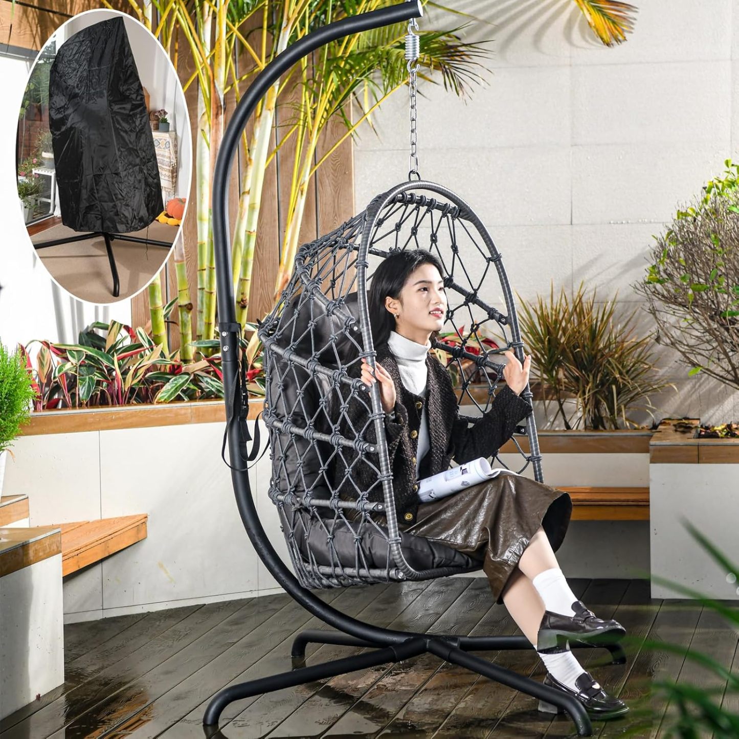 LKINBO Polyrattan Hängesessel mit Gestell Outdoor Indoor, Korb Hängestuhl Rattan Hanging Chair Wetterfest Hängeschaukel Gartenschaukel bis 195 kg, Dunkelgrau-Roomoli