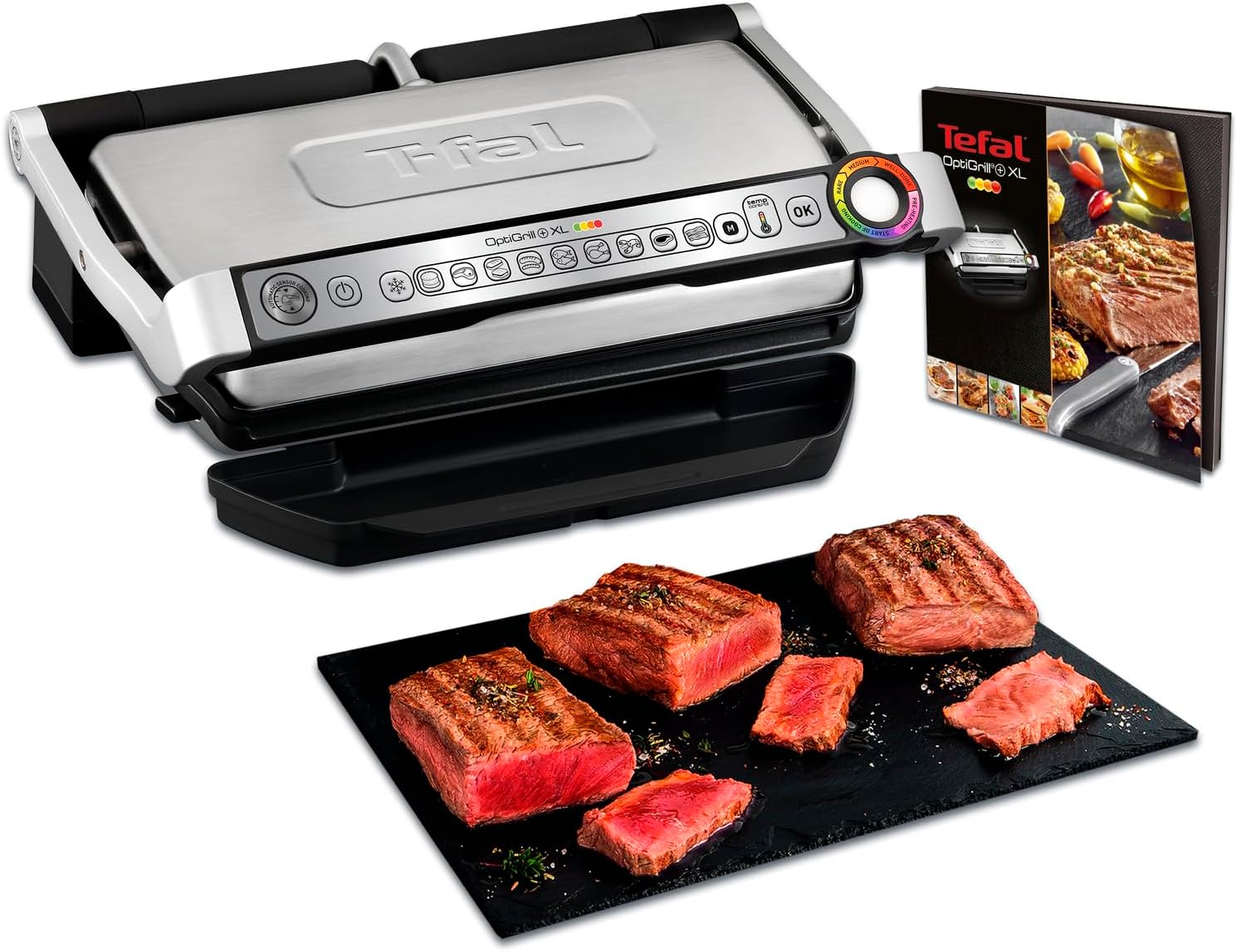 Tefal OptiGrill XL Kontaktgrill, 9 Programme, manueller Modus, 200 W, Garstufenanzeige, Dickemessung, Abnehmbare XL - Platten, Elektrogrill, Edelstahl, GC722D16-Roomoli