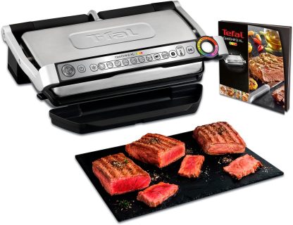 Tefal OptiGrill XL Kontaktgrill, 9 Programme, manueller Modus, 200 W, Garstufenanzeige, Dickemessung, Abnehmbare XL - Platten, Elektrogrill, Edelstahl, GC722D16-Roomoli