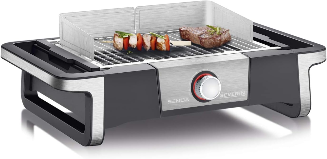 SEVERIN SENOA BOOST Elektrogrill für drinnen und draußen, Tischgrill mit schnellem Grillstart bis 500 GradC, Balkon Grill mit SafeTouch - Oberfläche, Edelstahl Schwarz, PG 8113-Roomoli
