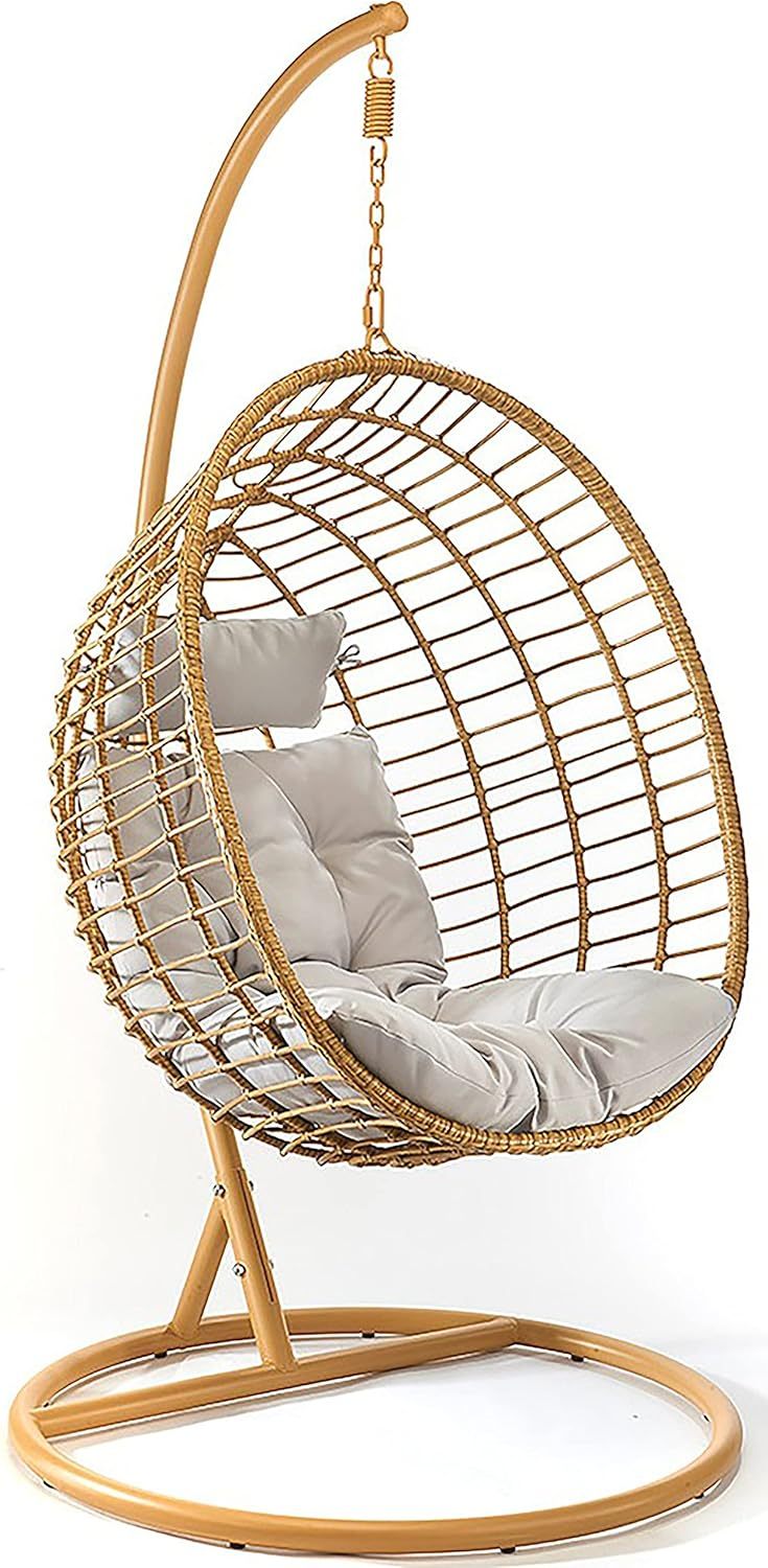 Kobolo Hängekorb Hängesessel Boho mit Gestell und Schwingkorb - Polyrattan - braun - für Innenbereich und geschützten Außenbereich geeignet - Belastbar bis 120 kg-Roomoli
