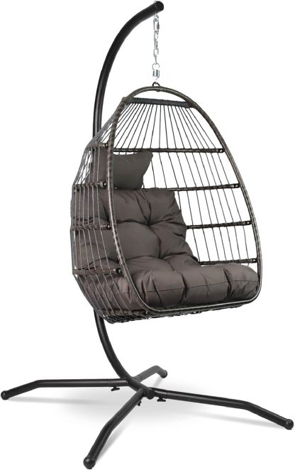 VITA5 Hängesessel mit Gestell - Bequemer Hängekorb Sessel - Rattan Hängesessel Outdoor und Indoor - Boho Egg Schaukel für TerrasseundLeseecke - 150 kg Tragkraft - Dunkel Grau-Roomoli