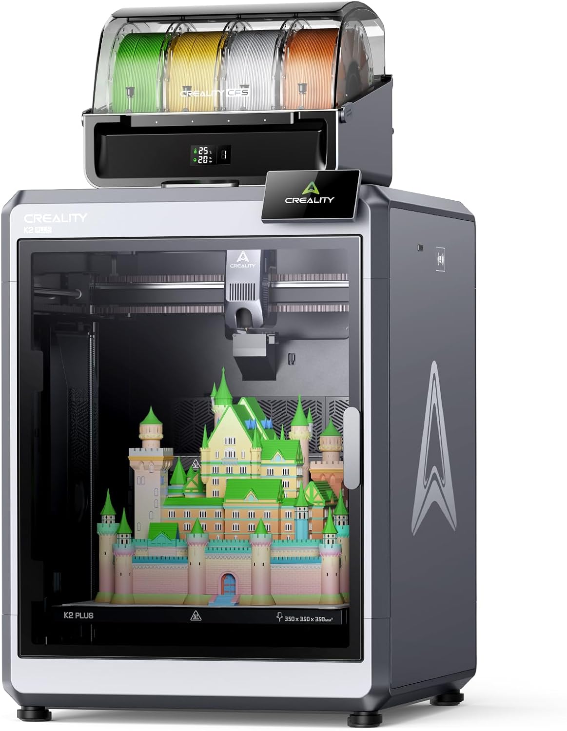 Creality K2 Plus Combo 3D Drucker, Mehrfarbig mit CFS, Großes Bauvolumen 350x350x350 mm, Bis zu 16 Farben 4 CFS , Max. Geschwindigkeit 600 mm s, Aktiv beheizte Kammer für PLA - CF PA - CF PET ASA PPA - CF-Roomoli