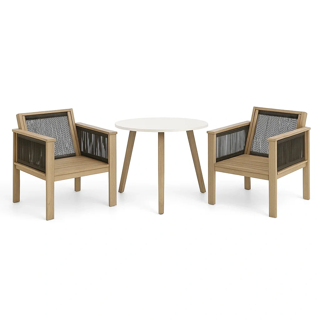 Set conversazione compatto in Legno di Acacia e Poliestere Intrecciato con 2 Sedie e Tavolo Bianco-Mobiliara