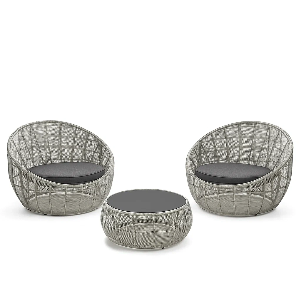 Set conversazione compatto in Rattan Sintetico con 2 Poltrone e Tavolino in Vetro-Mobiliara