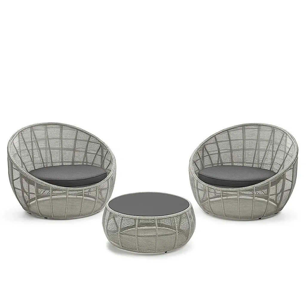 Set conversazione compatto in Rattan Sintetico con 2 Poltrone e Tavolino in Vetro-Mobiliara