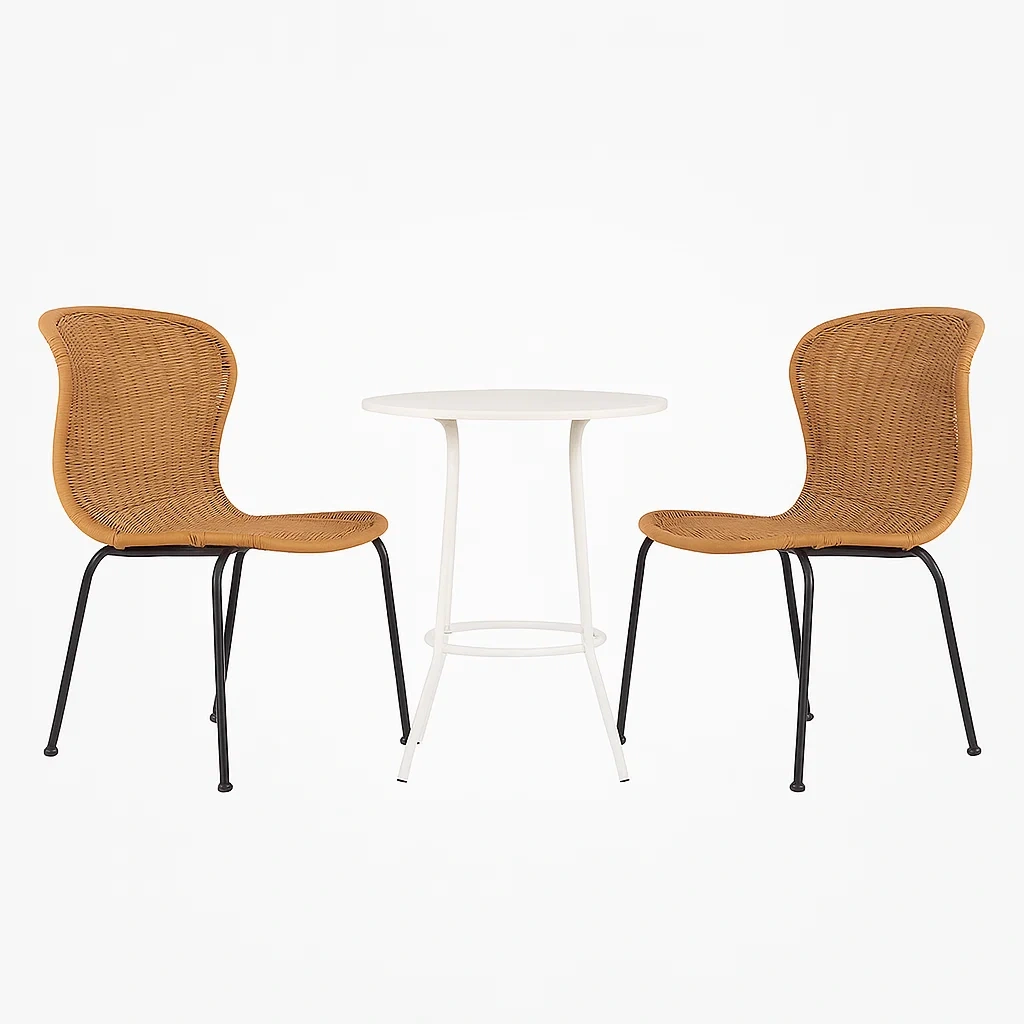 Set conversazione compatto con 2 Sedie in Rattan Sintetico e Tavolo in Metallo Bianco-Mobiliara