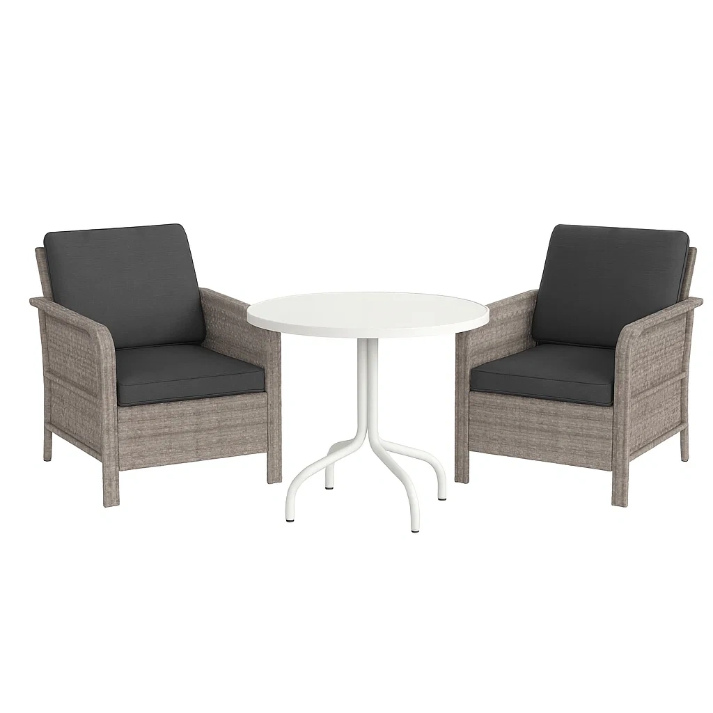 Set conversazione compatto in Rattan Sintetico con 2 Sedie e Tavolino Rotondo in Metallo-Mobiliara