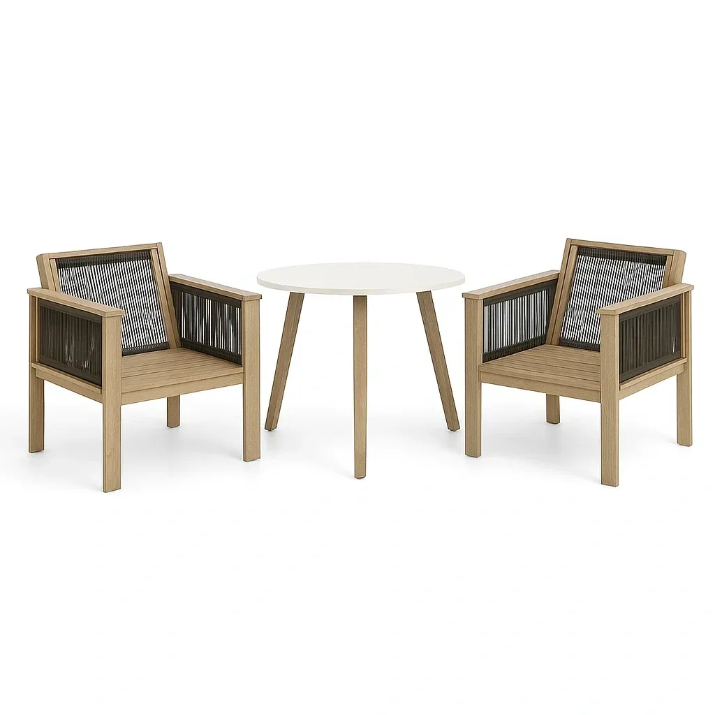 Set conversazione compatto in Legno di Acacia e Poliestere Intrecciato con 2 Sedie e Tavolo Bianco-Mobiliara