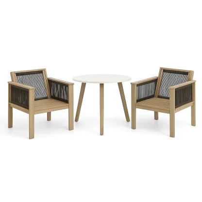 Set conversazione compatto in Legno di Acacia e Poliestere Intrecciato con 2 Sedie e Tavolo Bianco-Mobiliara