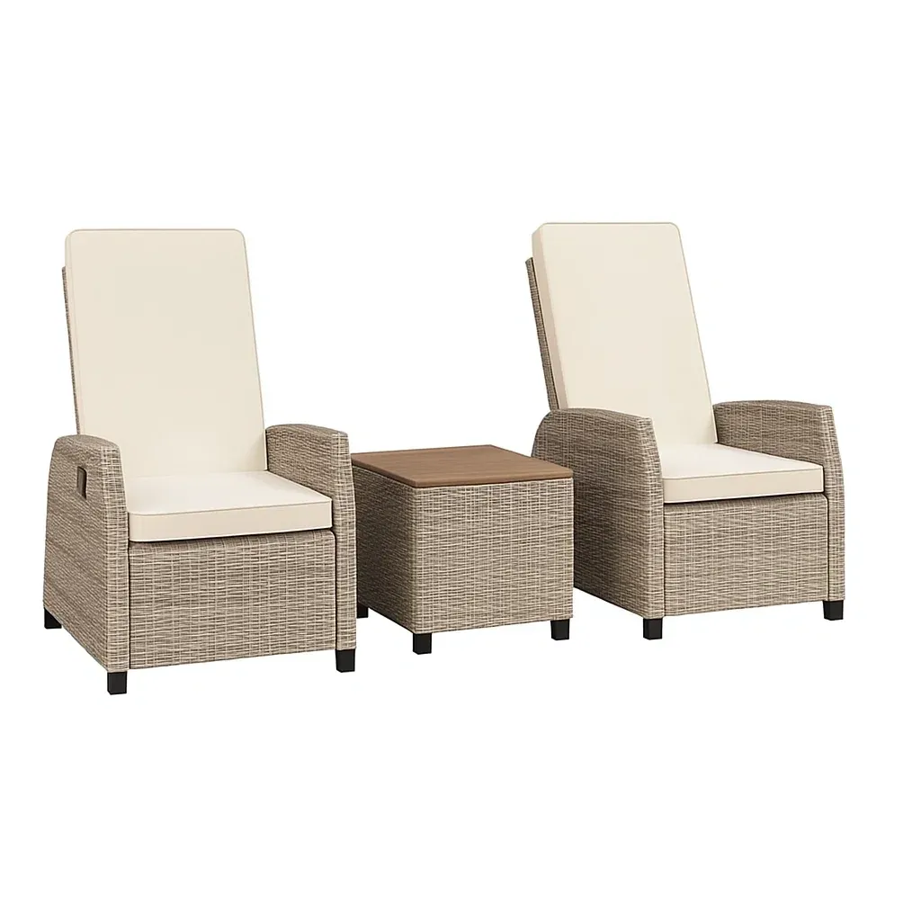 Set conversazione compatto con 2 Poltrone in Rattan Sintetico e Tavolino con Cuscini Beige-Mobiliara