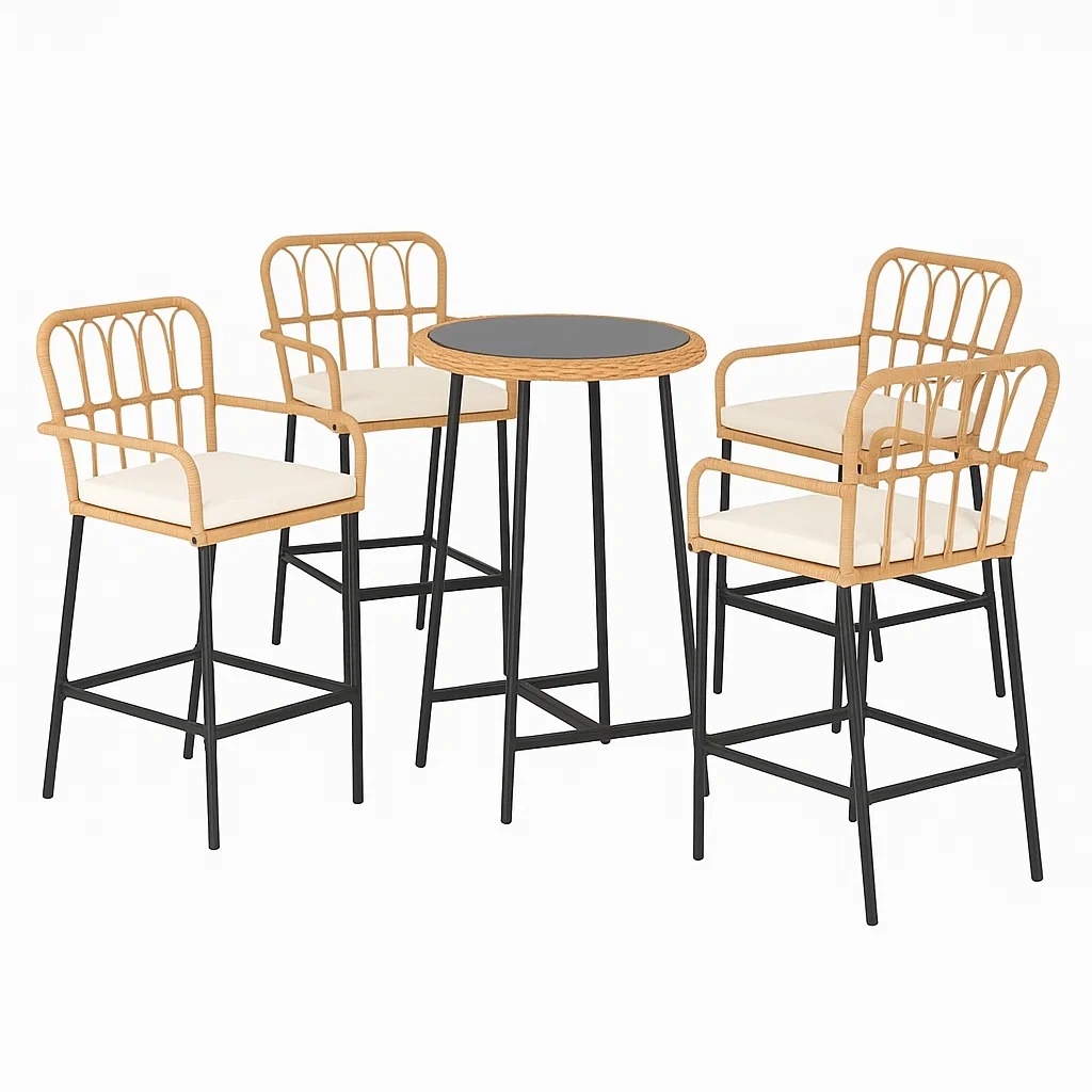 Set bar con Tavolo Alto e 4 Sedie in Rattan Sintetico e Acciaio Nero-Mobiliara