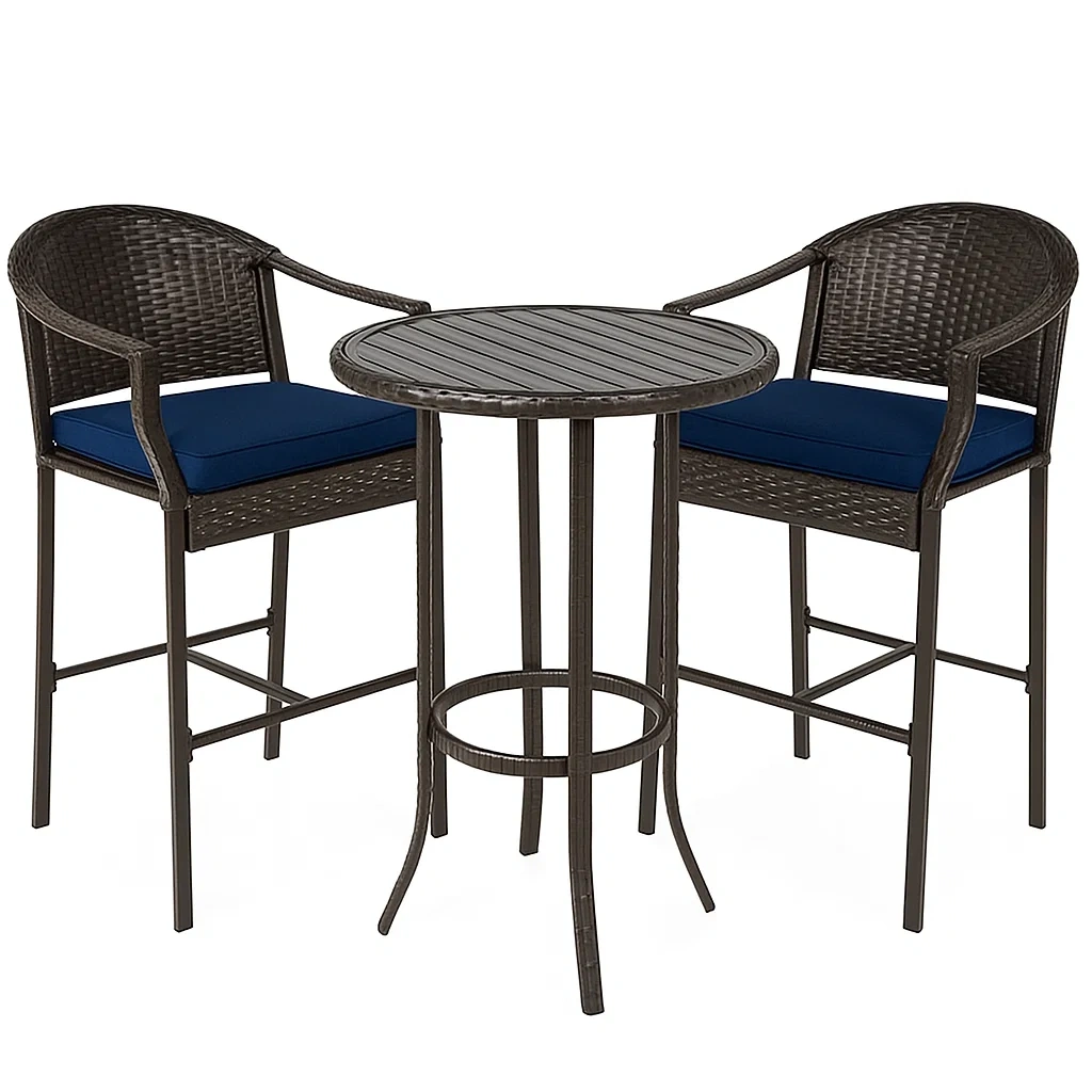 Set bar con Tavolo Alto e Sedie in Rattan Sintetico Marrone con Cuscini Blu-Mobiliara