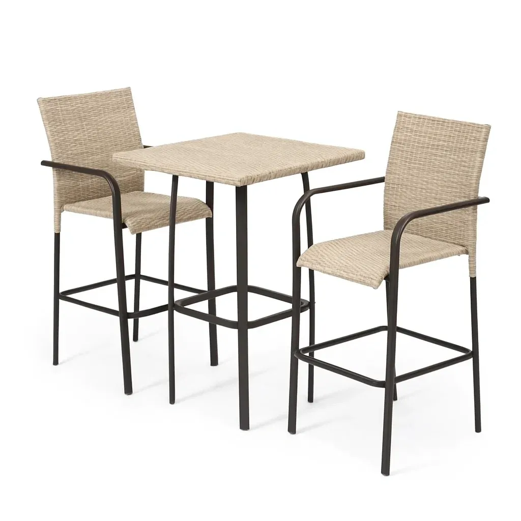 Set bar con Tavolo e Sedie in Metallo e Rattan Sintetico Beige-Mobiliara