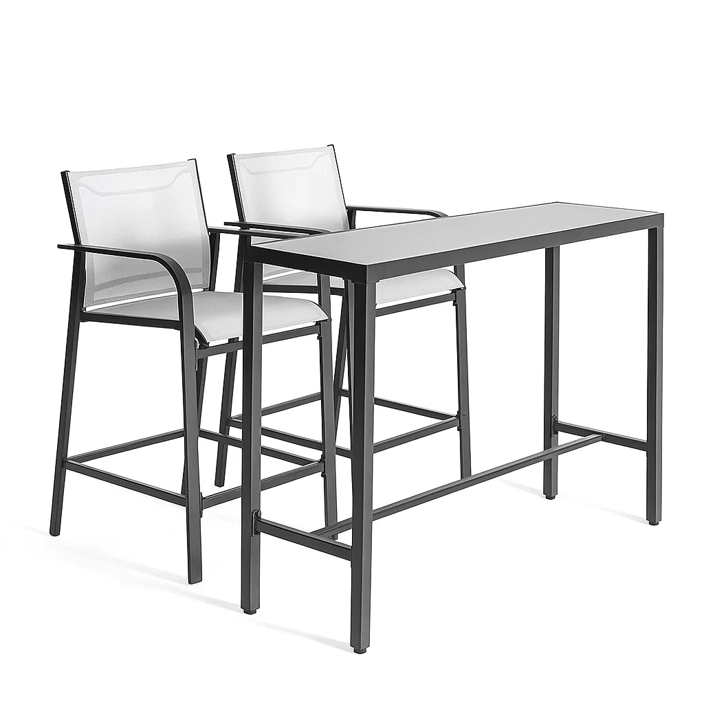 Set bar con Tavolo Alto e 2 Sedie in Metallo con Seduta in Tessuto e Piano in Vetro Temperato-Mobiliara