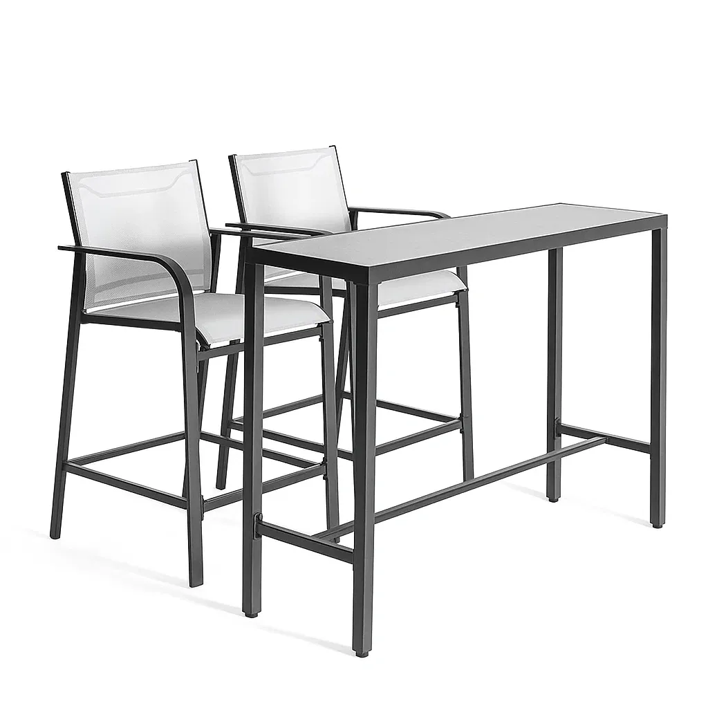 Set bar con Tavolo Alto e 2 Sedie in Metallo con Seduta in Tessuto e Piano in Vetro Temperato-Mobiliara