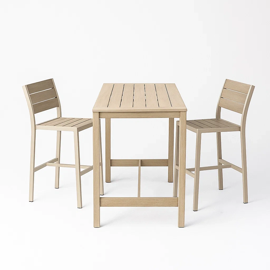 Set bar con Tavolo Rettangolare e 2 Sgabelli in Alluminio e Legno Composito Beige-Mobiliara