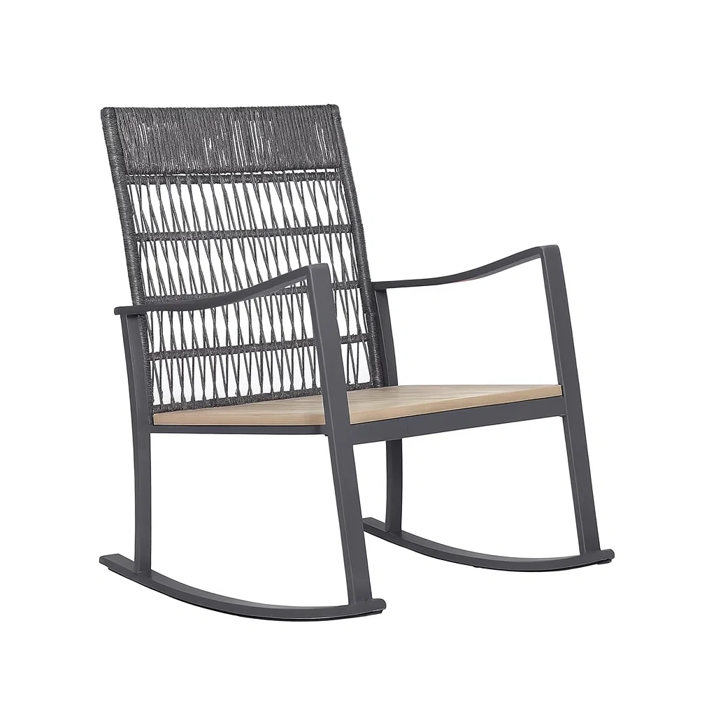 Sedia con braccioli a Dondolo in Alluminio Grigio con Seduta in Legno e Schienale in Corda-Mobiliara