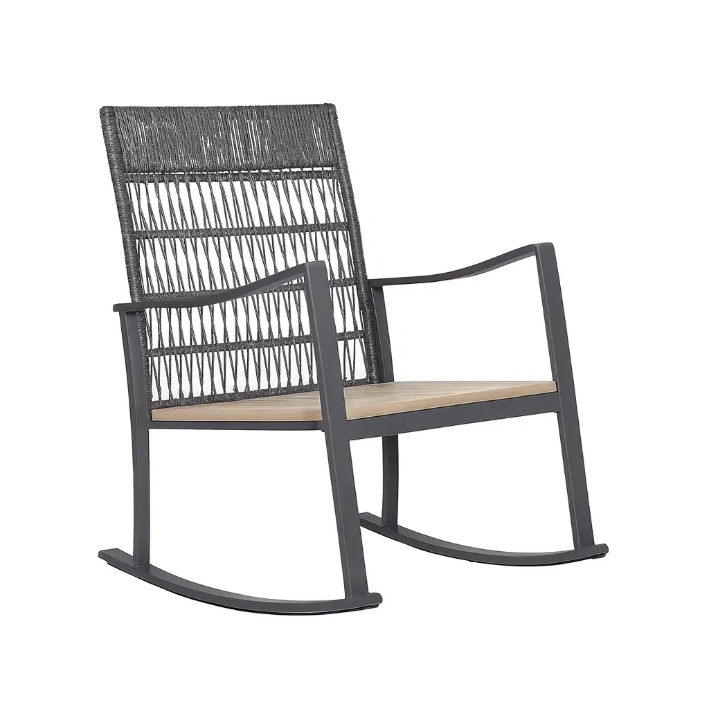 Sedia con braccioli a Dondolo in Alluminio Grigio con Seduta in Legno e Schienale in Corda-Mobiliara