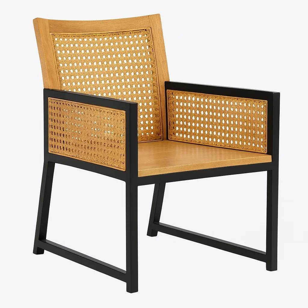 Sedia con braccioli in Rattan e Legno con Struttura in Metallo Nero-Mobiliara