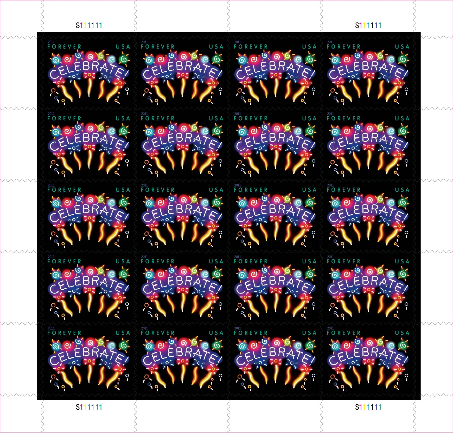 Sheet of 20 "CELEBRATE!" 2011 Forever USA stamps featuring colorful fireworks display with golden bursts and multicolored decorative elements on black background