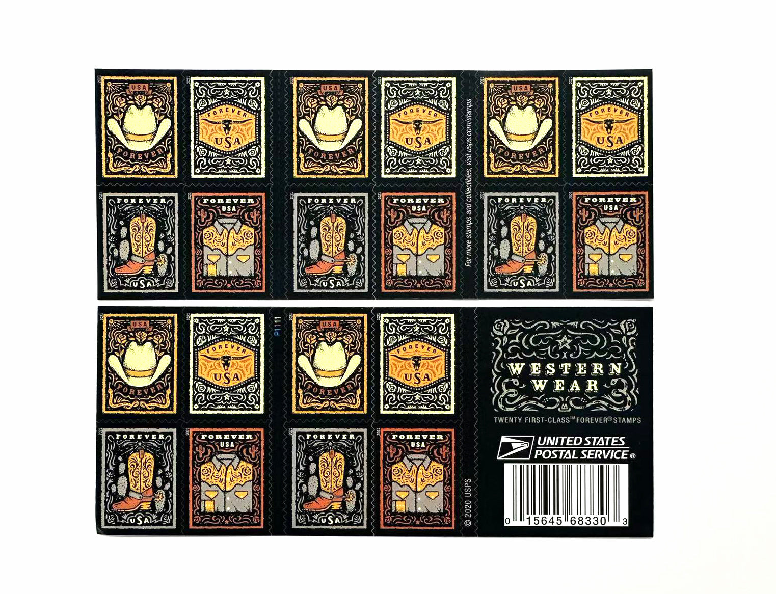 Western Wear (Cowboy Hat, Belt Buckle, Cowboy Boot with Spur, Western Shirt) Forever Postage Stamps-ForeverStamps