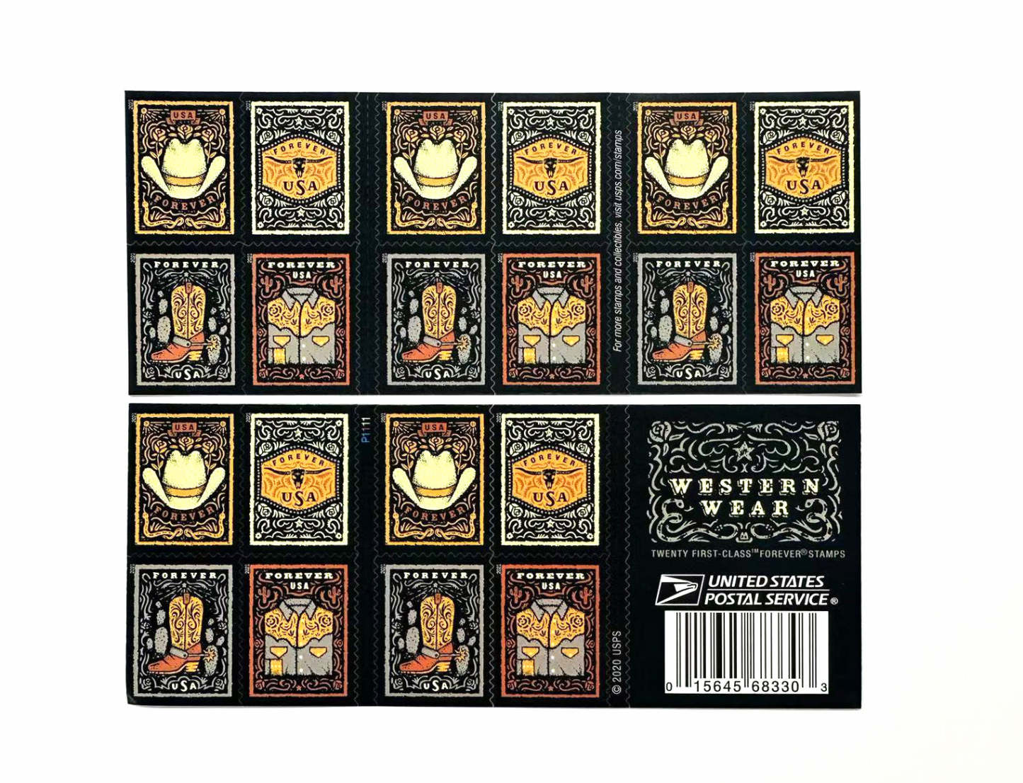 Western Wear (Cowboy Hat, Belt Buckle, Cowboy Boot with Spur, Western Shirt) Forever Postage Stamps-ForeverStamps