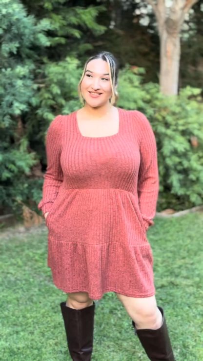 Womens Square Neck Long Sleeve Fall Dresses Casual Babydoll Sweater Dress