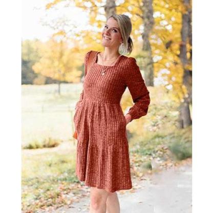 Womens Square Neck Long Sleeve Fall Dresses Casual Babydoll Sweater Dress