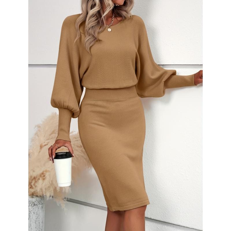 Autumn and Winter Solid Color Lantern Sleeve Waisted Sweater Dress