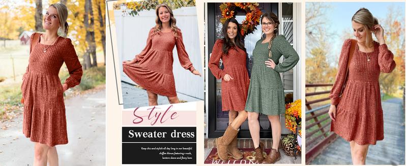 WIHOLL Womens Square Neck Long Sleeve Fall Dresses Casual Babydoll Sweater Dress