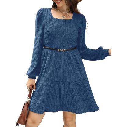 Womens Square Neck Long Sleeve Fall Dresses Casual Babydoll Sweater Dress