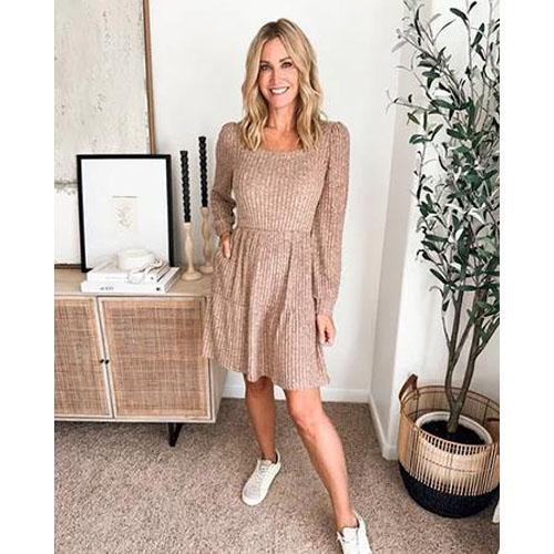 Womens Square Neck Long Sleeve Fall Dresses Casual Babydoll Sweater Dress