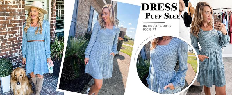 WIHOLL Womens Square Neck Long Sleeve Fall Dresses Casual Babydoll Sweater Dress