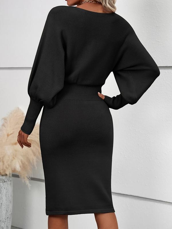 Autumn and Winter Solid Color Lantern Sleeve Waisted Sweater Dress