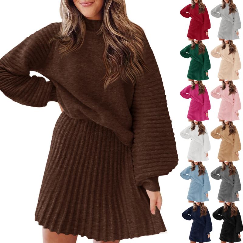 Women's 2 Piece Outfits 2026 Long Sleeve Mock Neck Ribbed Sweaters & Mini Skirt Set Soft Cozy Knitted Fabric Casual Everyday Wear Dress Womenswear