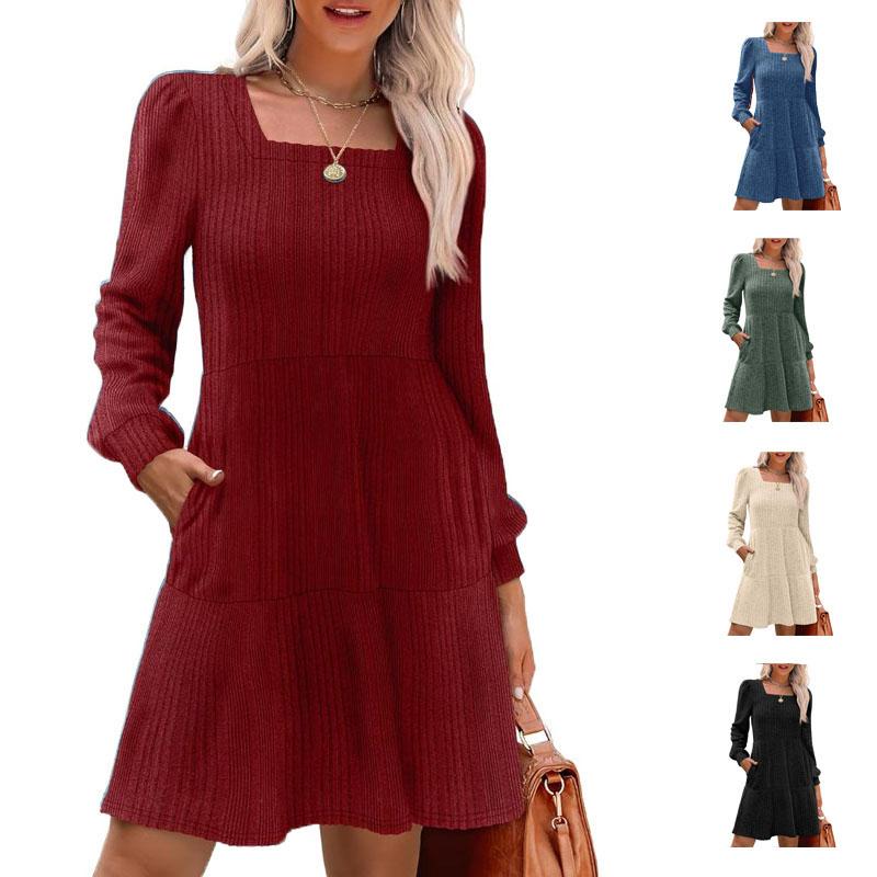 Womens Square Neck Long Sleeve Fall Dresses Casual Babydoll Sweater Dress