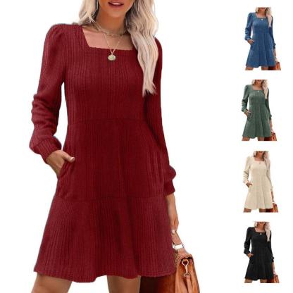 Womens Square Neck Long Sleeve Fall Dresses Casual Babydoll Sweater Dress