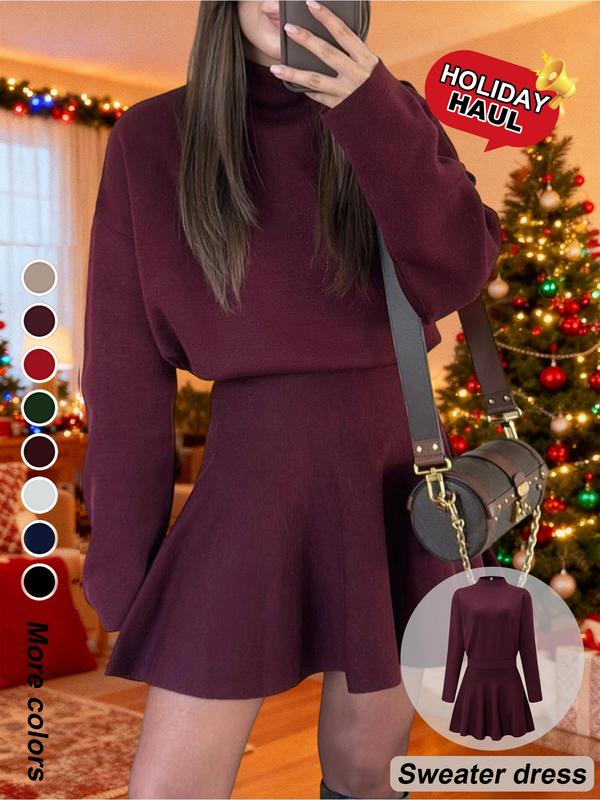 Women's Casual Mock Neck Sweater Dress, Fall/Winter Long Sleeve Solid Relaxed Fit Knit Dress