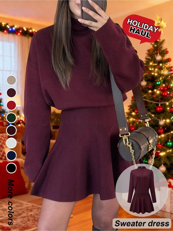 Women's Casual Mock Neck Sweater Dress, Fall/Winter Long Sleeve Solid Relaxed Fit Knit Dress