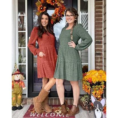 Womens Square Neck Long Sleeve Fall Dresses Casual Babydoll Sweater Dress