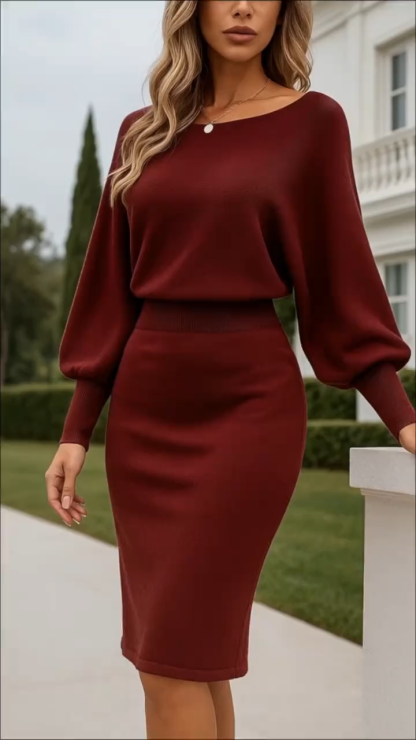 Autumn and Winter Solid Color Lantern Sleeve Waisted Sweater Dress