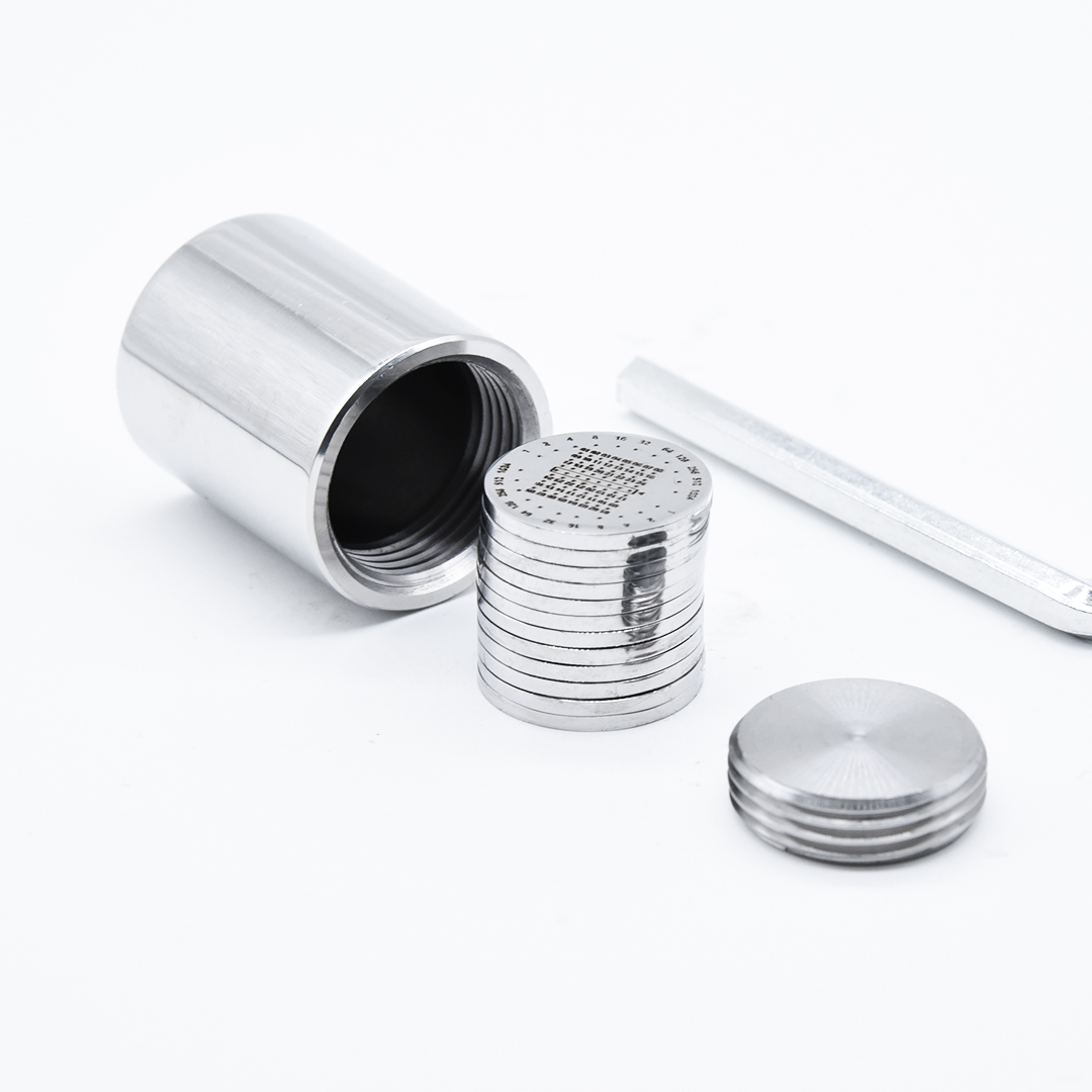 vaultigo-stainless-steel-capsule-seed-phrase-backup-plate-disassembled-with-components